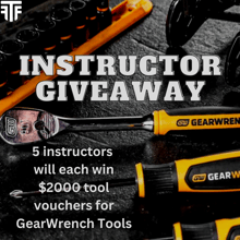 Promotional image for giveaway that reads '5 instructors will each win $2000 tool vouchers for GearWrench Tools'