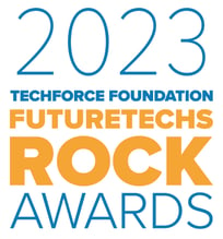A stylized text-art box that reads "2023 TechForce Foundation FutureTechs Rock Awards" in blue and gold lettering.