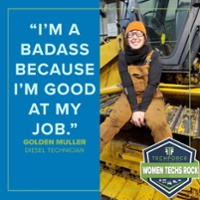Golden Muller's photo with her quote "I'm a badass because I'm good at my job." superimposed over the left side of the image.