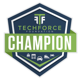 TechForce's 'Champion' badge, featuring the words "TechForce Foundation Champion" and the TechForce logo.