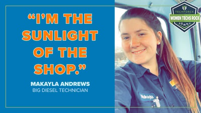An image of Makayla Andrews with her quote, "I'm the sunlight of the shop." superimposed over top.