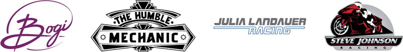 The logos of all of TechForce Foundation's Celebrity Amabassadors, Bogi's Garage, The Humble Mechanic, Julia Landauer Racing, and Steve Johnson Racing.