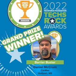 Image announcing the Techs Rock 2022 Grand Prize Winner as Daniel McCrum of Carmax in Gulfport, MS. Daniel previously won the Category Winner Category.